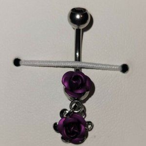 Double Metal Rose (NSQ-0292) Belly Button Navel Ring w/ Gem Ball - Purple